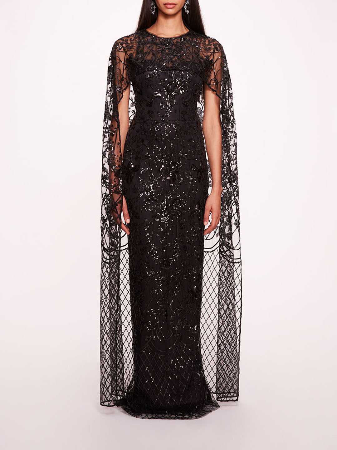 sequin cape dress Lace Sleeve Long Formal Chiffon Evening Gown line silhouette is complemented by dramatic cape mesh sleeves Sequin Lattice Cape Gown |