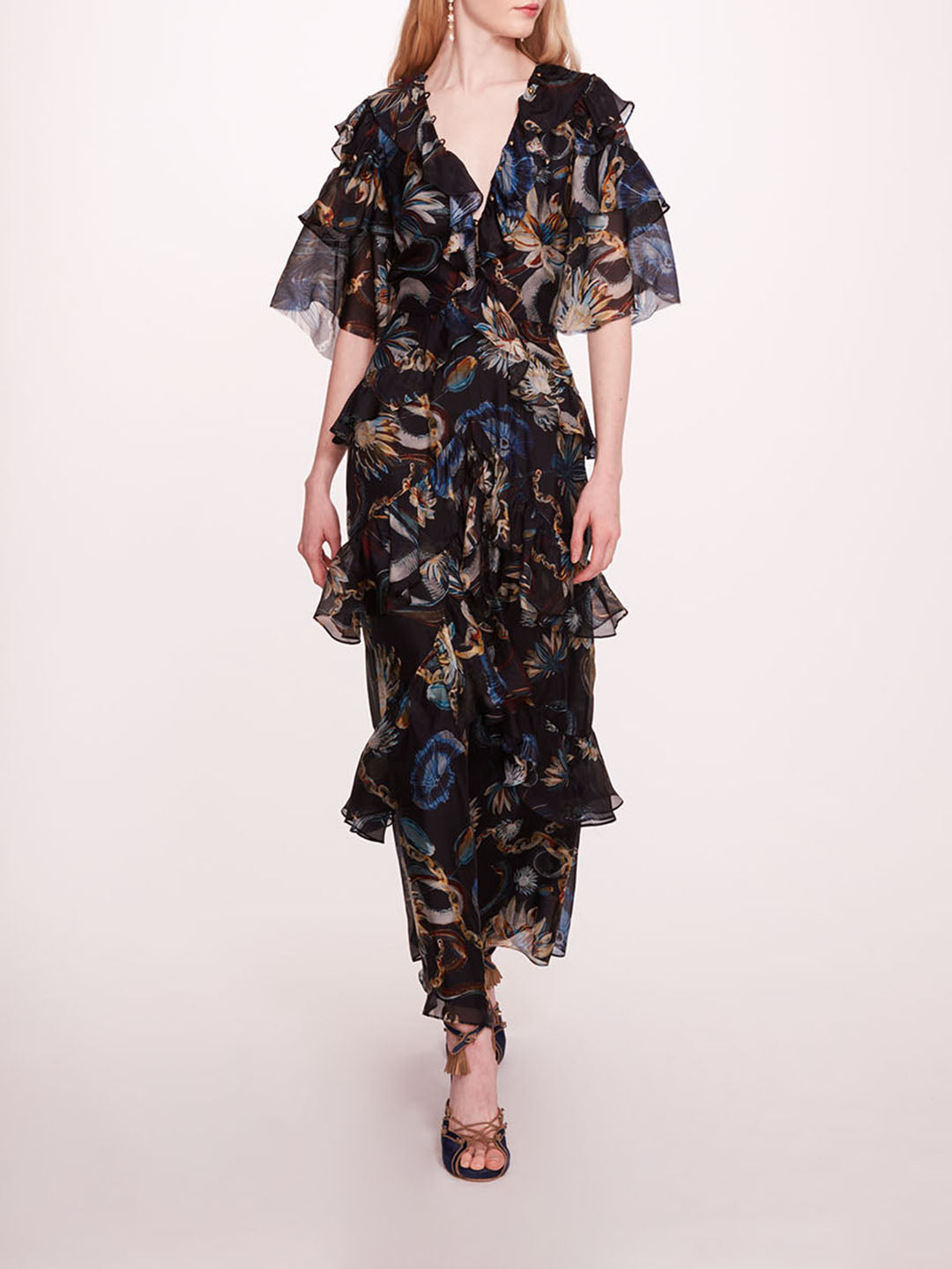 Marchesa Notte Printed Silk-Blend Ruffle Midi Dress