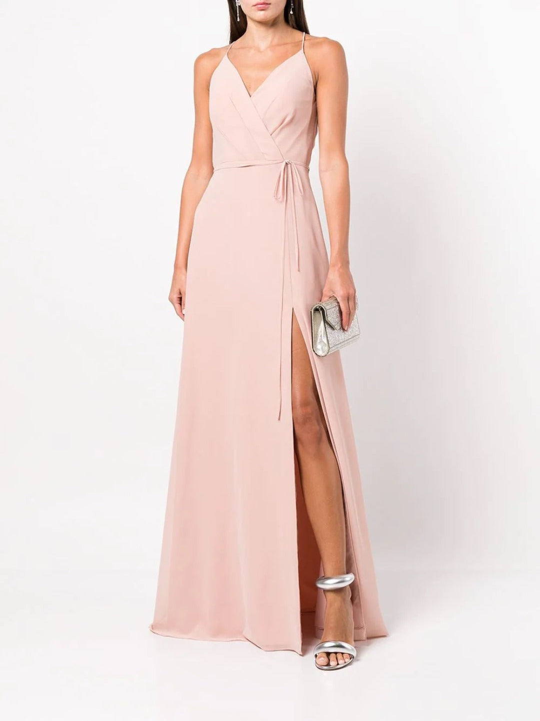 Rose Pink Chiffon V-Neck Gown with Open Back and Waist Tie – Marchesa
