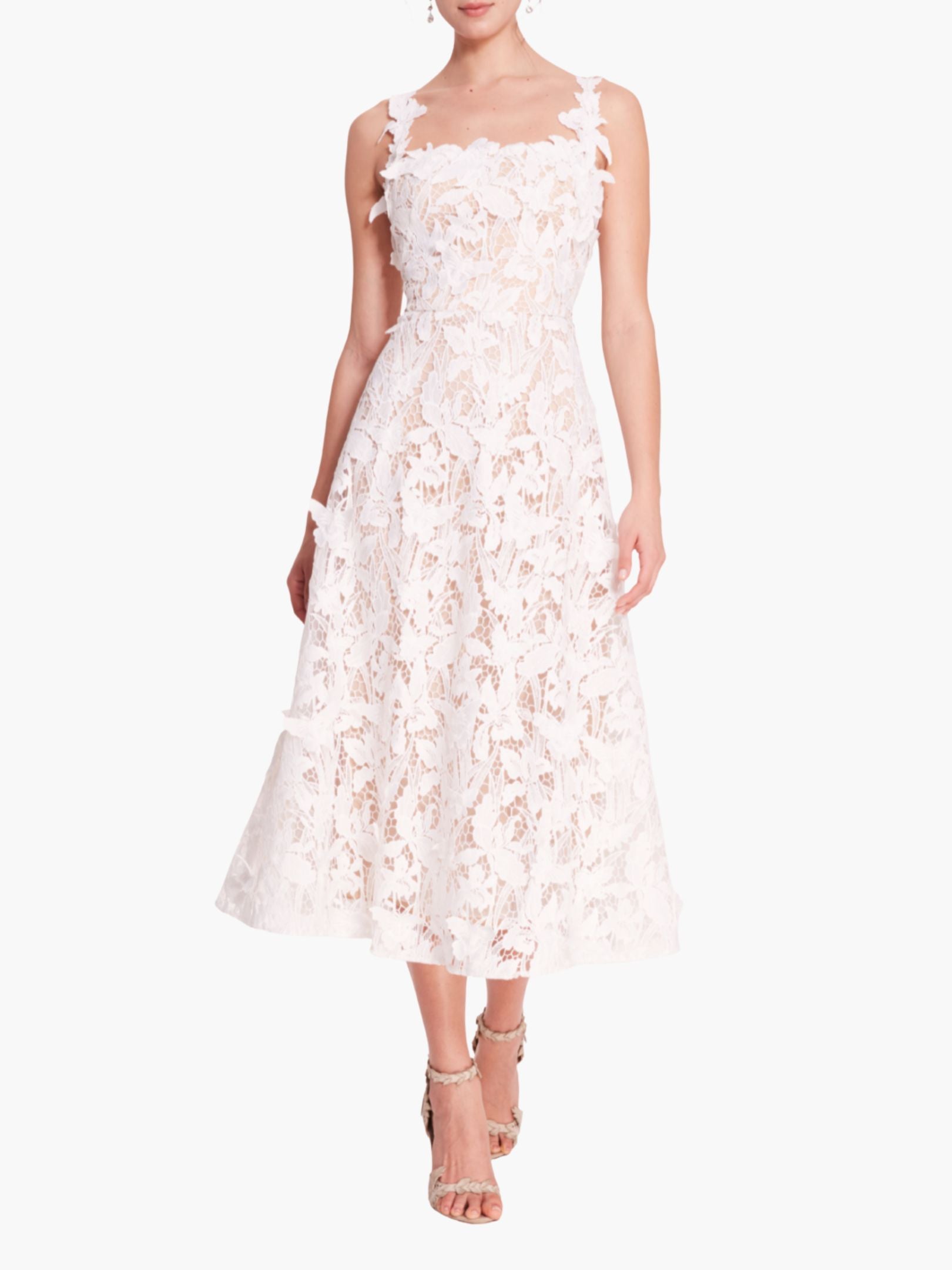 Lace Guipure Sleeveless A-line Midi Cocktail Dress | Marchesa Lace Guipure Sleeveless A-line Midi Cocktail Dress | Marchesa