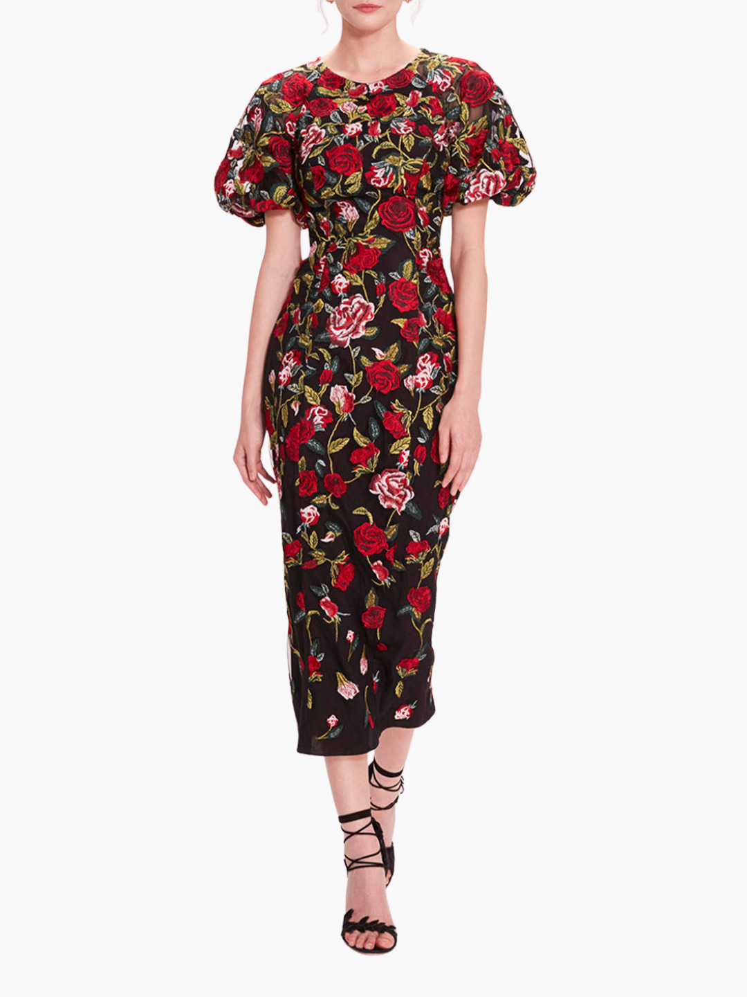 black and red floral midi dress Marchesa Notte Midi Dress