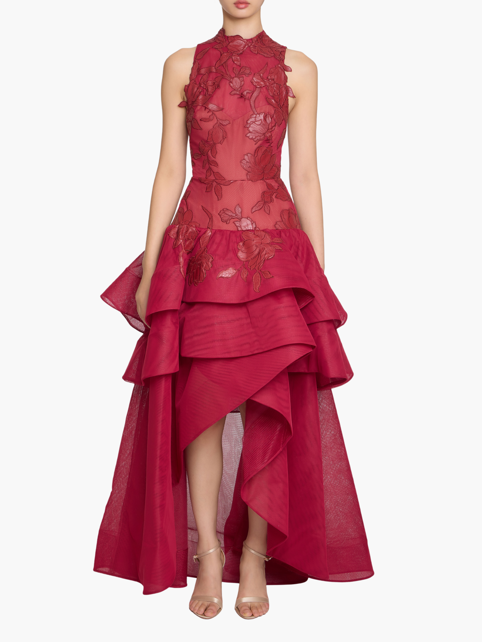 Leather Guipure High Neck Sleeveless Tiered Gown - Red / 2 / N88G4128 Leather Guipure High Neck Sleeveless Tiered Gown - Red / 2 / N88G4128