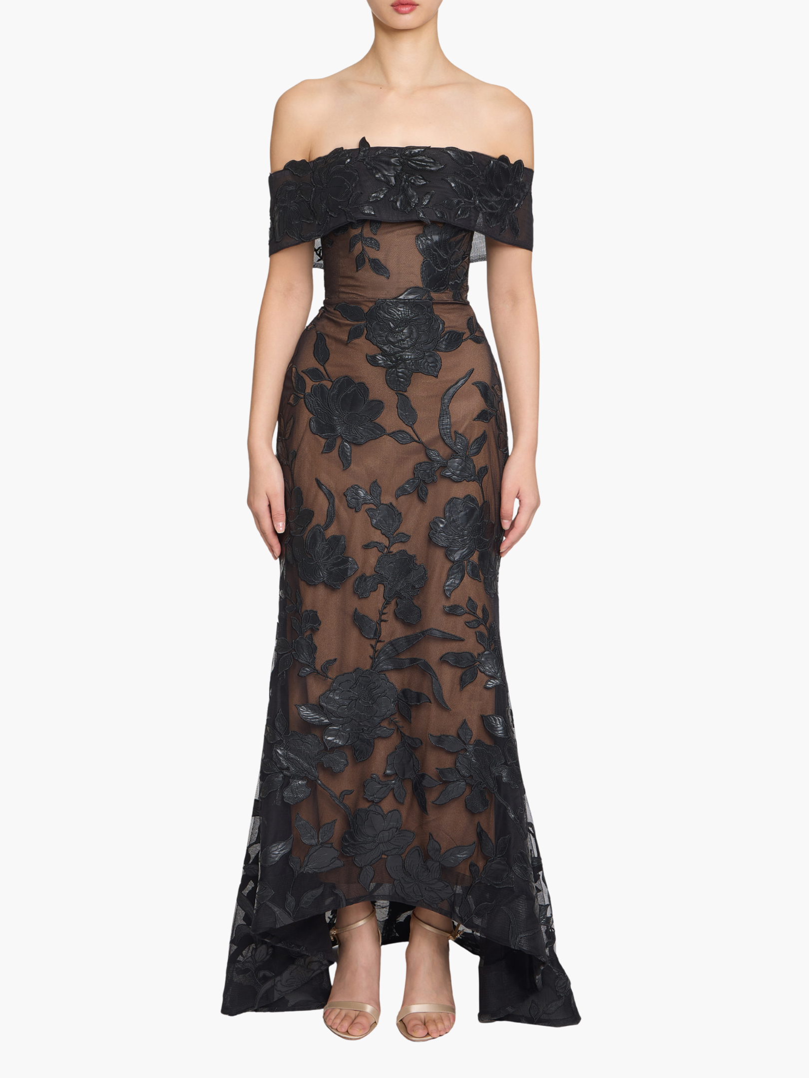 chinese dress ladies Leather Guipure Fitted Off Shoulder Hi-Lo Gown