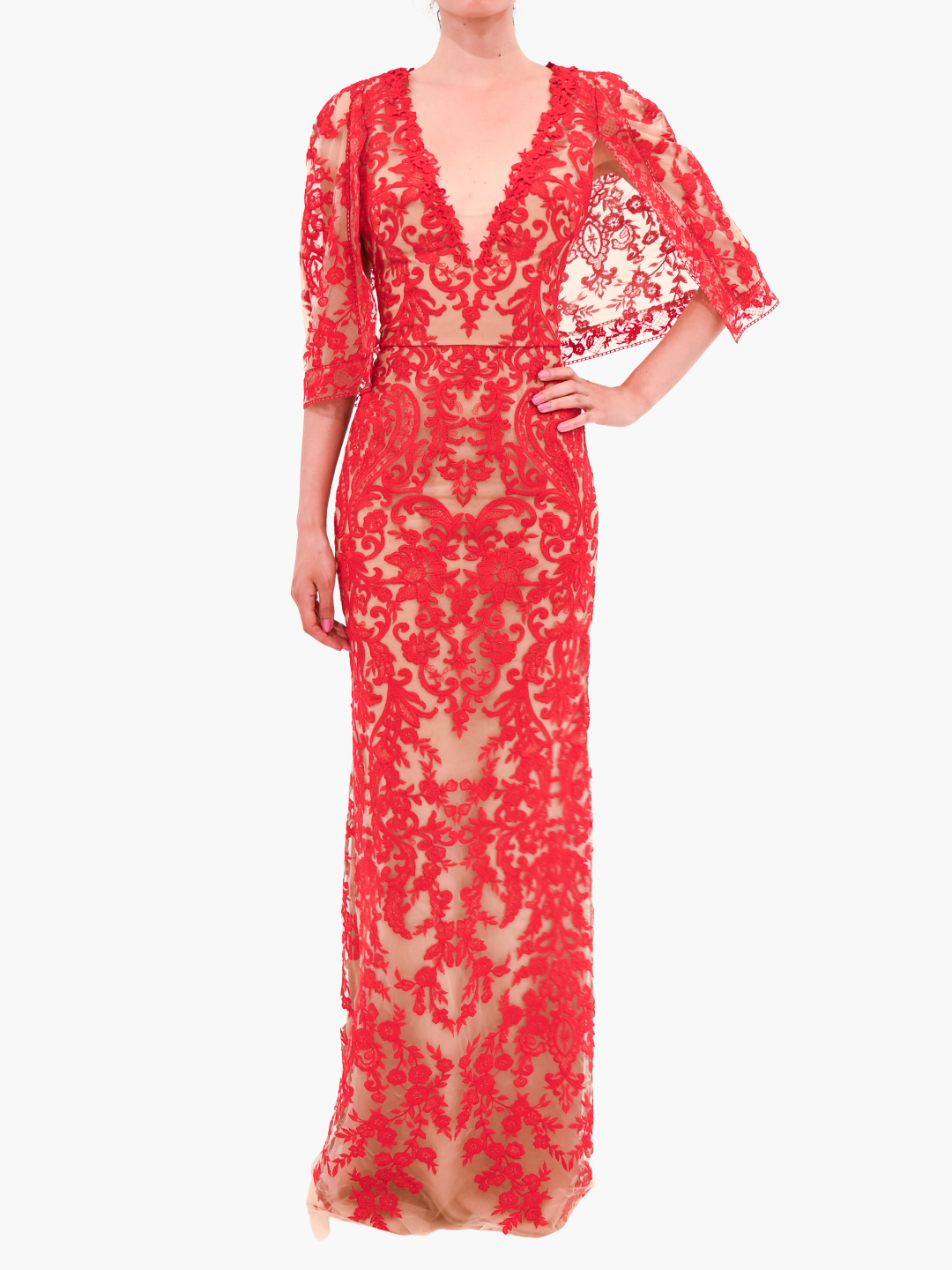 Mirrored Lace Floral Cape Sleeve Gown