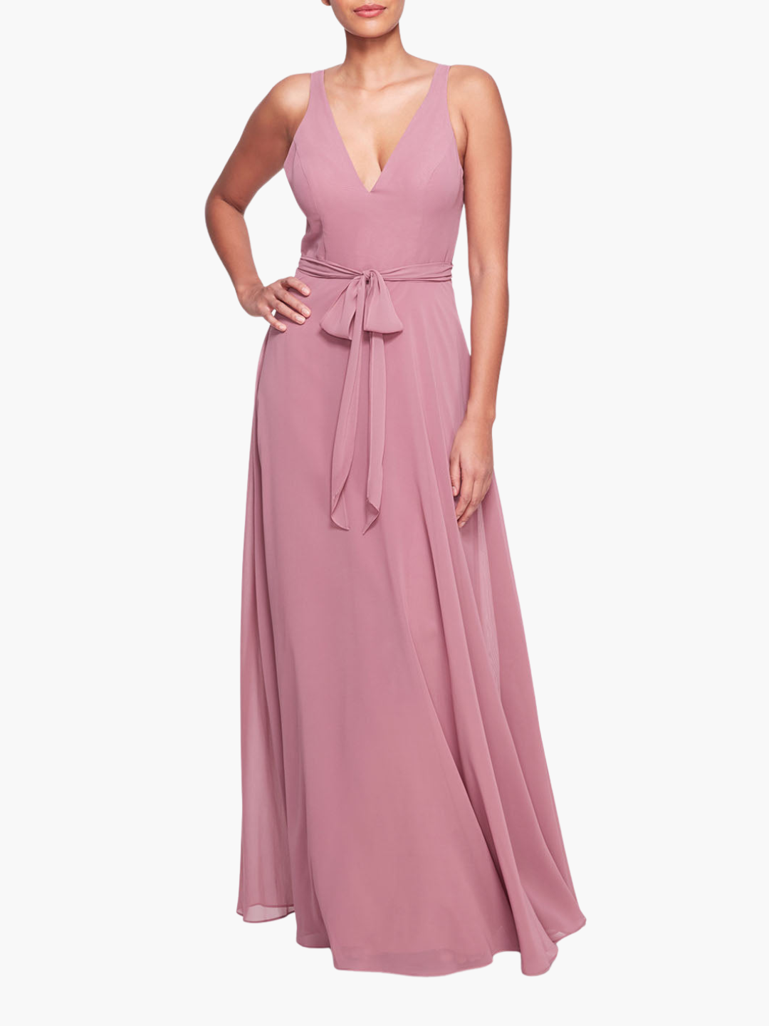 Mauve Pink V-Neck Gown with Waist Tie