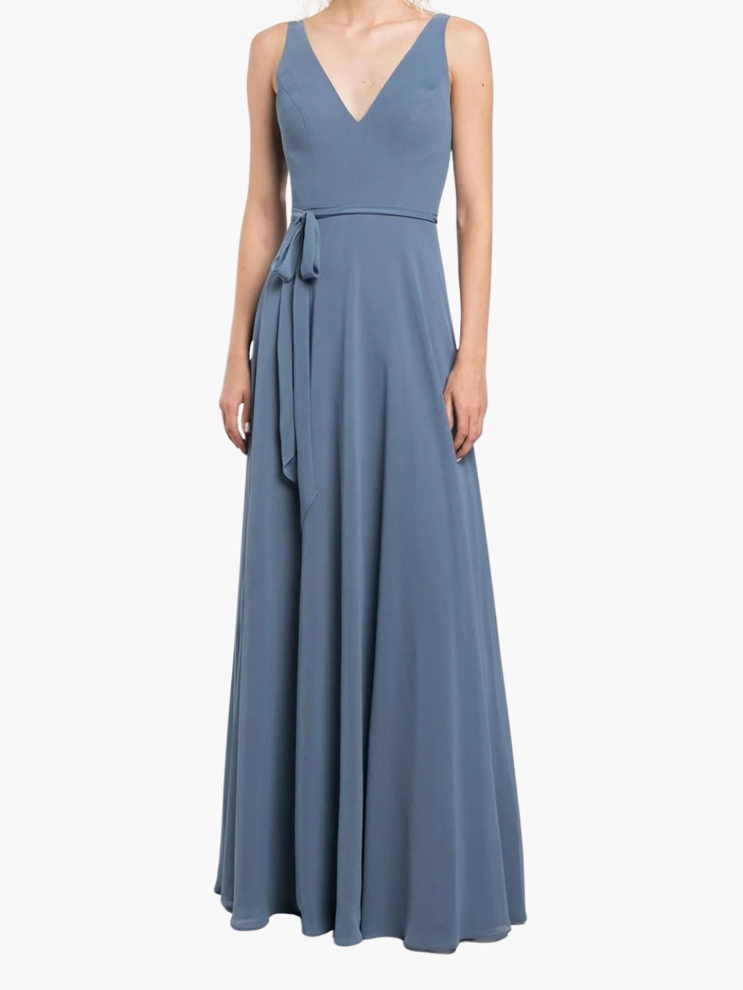 Dusty Blue V-Neck Gown with Waist Tie | Marchesa Dusty Blue V-Neck Gown with Waist Tie | Marchesa