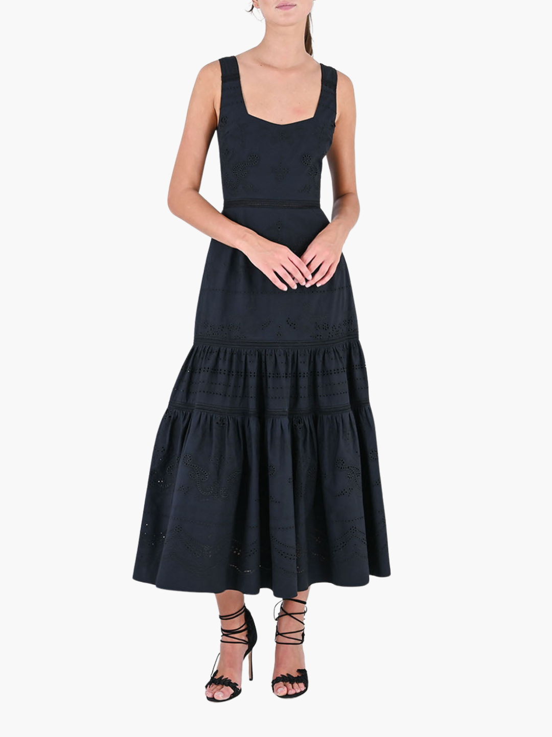 Embroidered Voile Tiered Maxi Dress - Black / 8 / R81DM3875 Embroidered Voile Tiered Maxi Dress - Black / 8 / R81DM3875