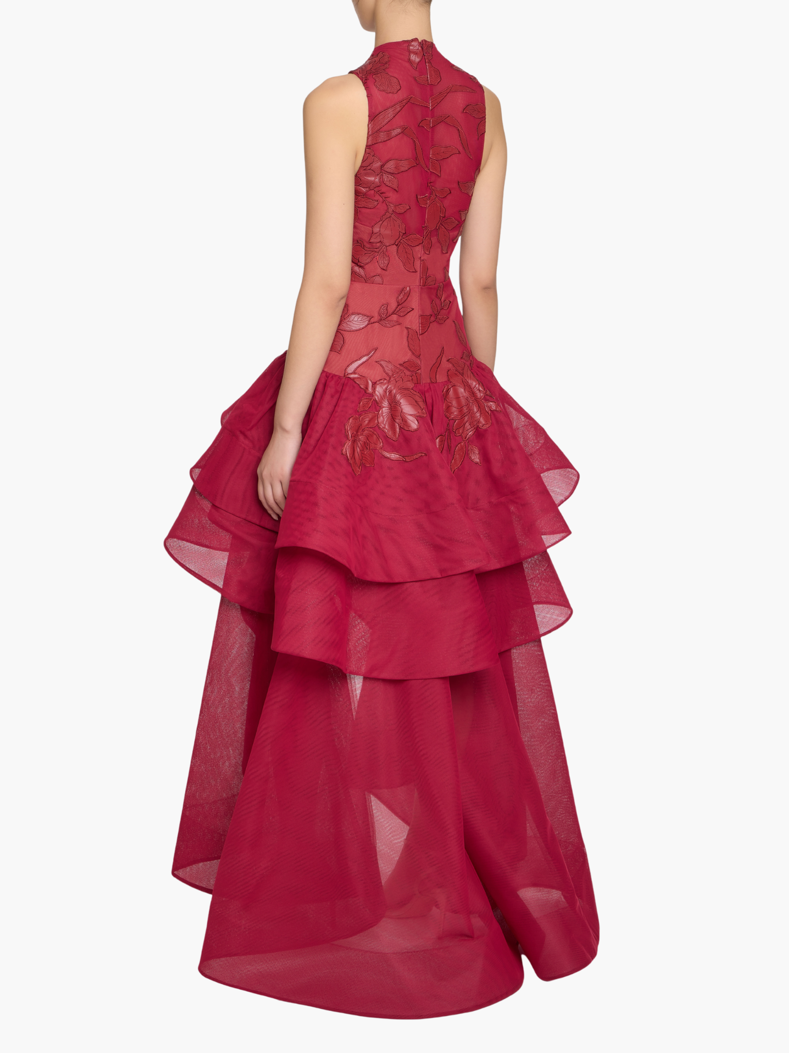 Leather Guipure High Neck Sleeveless Tiered Gown