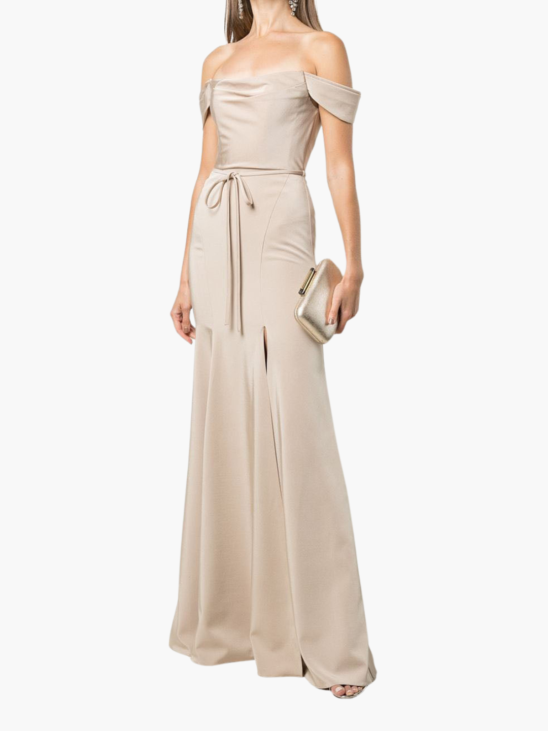 Champagne Off The Shoulder Satin Cowl Neck Gown | Marchesa Champagne Off The Shoulder Satin Cowl Neck Gown | Marchesa