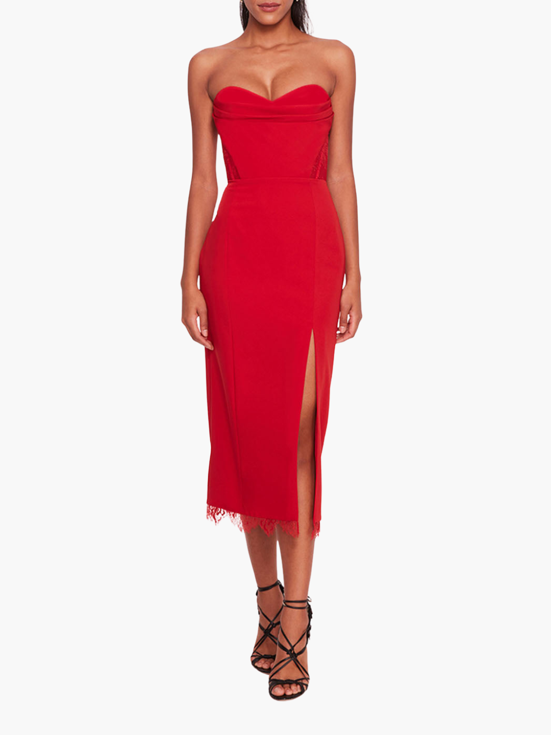 marchesa red lace cocktail dress Leather Guipure High Neck Sleeveless Tiered Gown