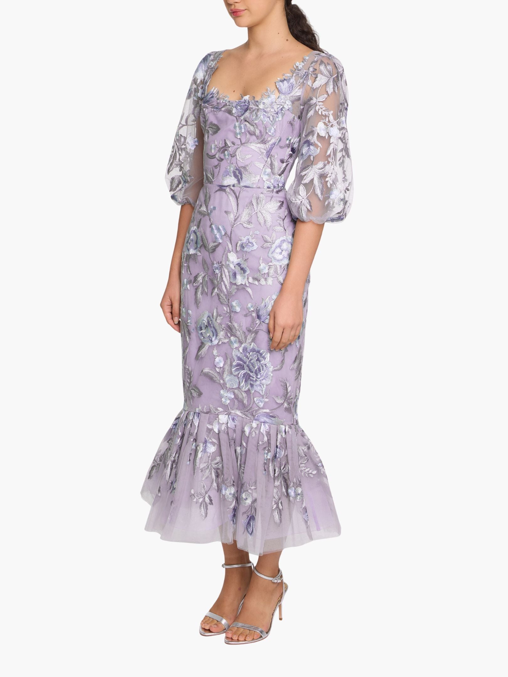 Botanist Bloom Embroidered Puff Sleeve Midi Dress
