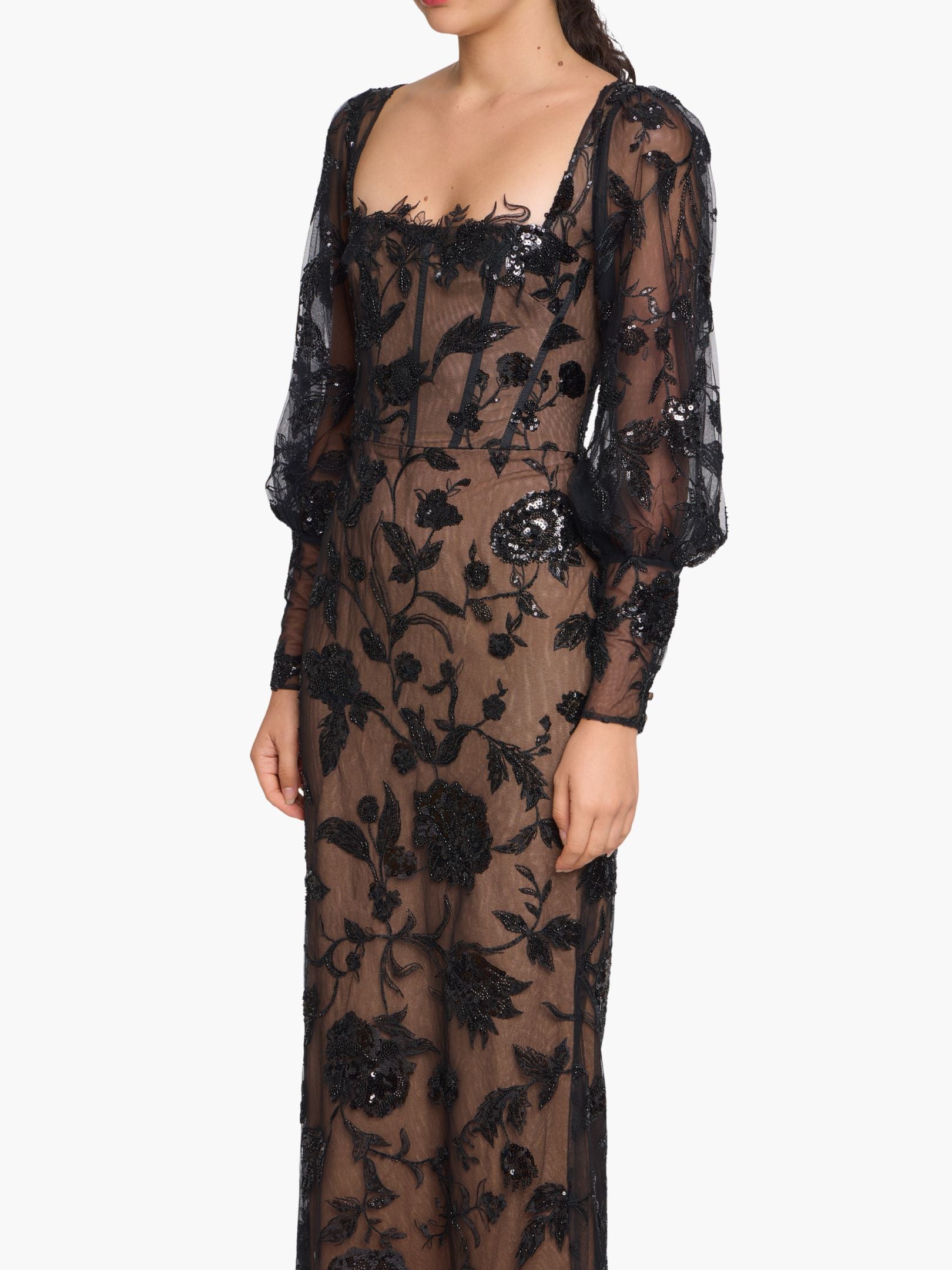 Illusion Murals Long Sleeve Corset Embellished Cocktail Maxi Dress