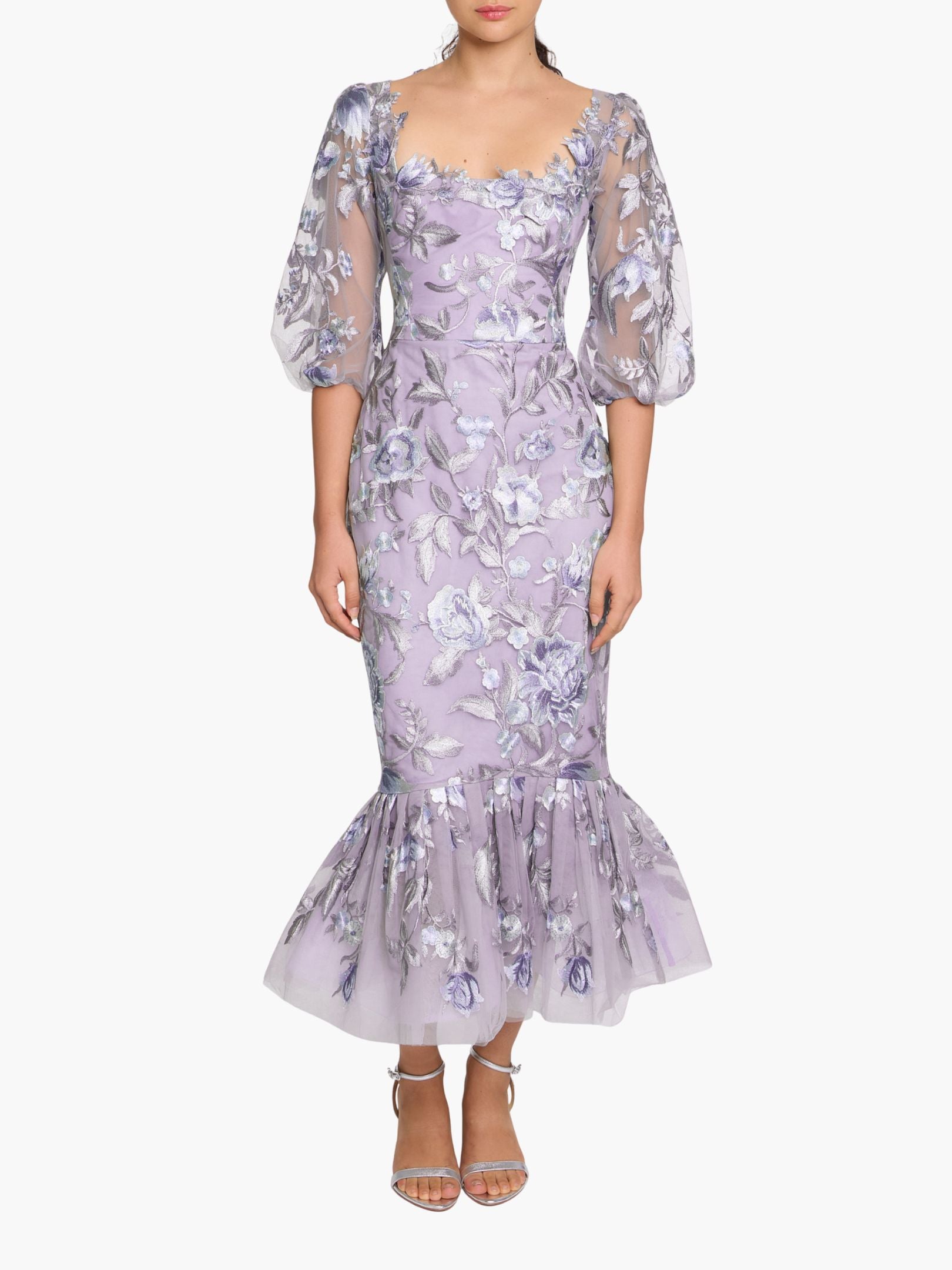 Marchesa Notte Puff Sleeve Midi Dress