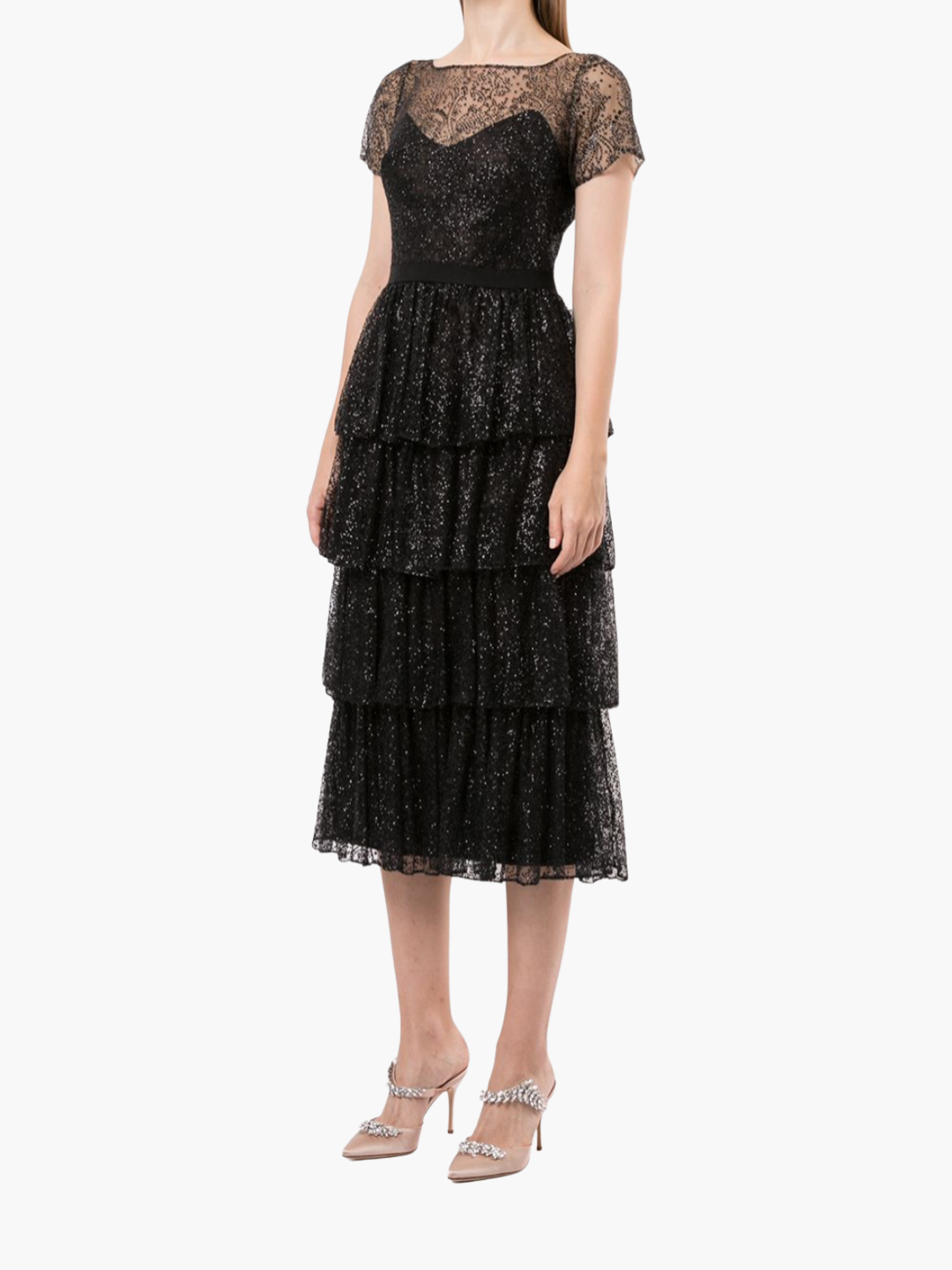 Short Sleeve Tiered Glitter Midi Dress