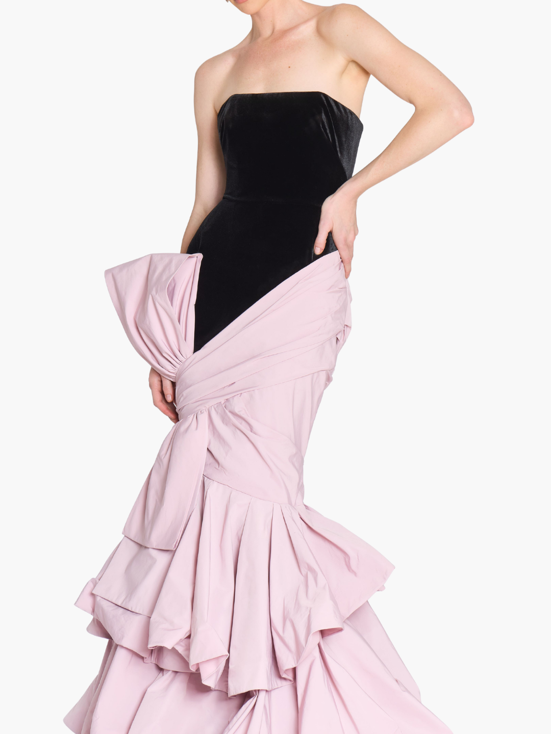 Stretch Velvet Strapless Gown With Draped Cotton Structure