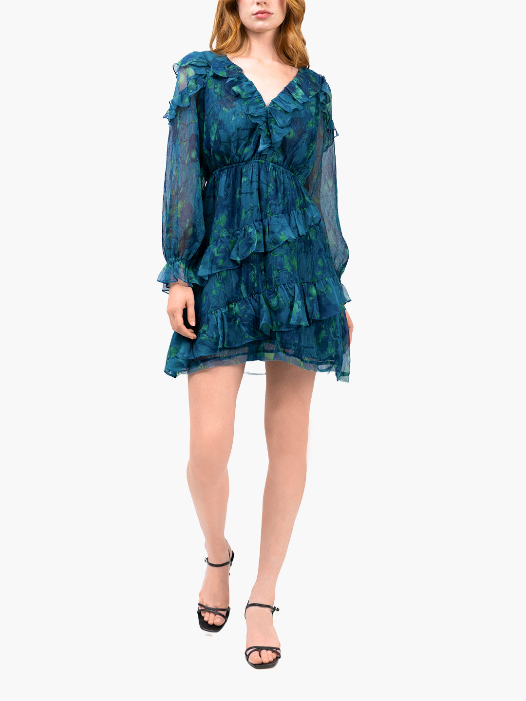 Watercolor Blooms Pleated Long Sleeve Chiffon Mini Dress | Marchesa