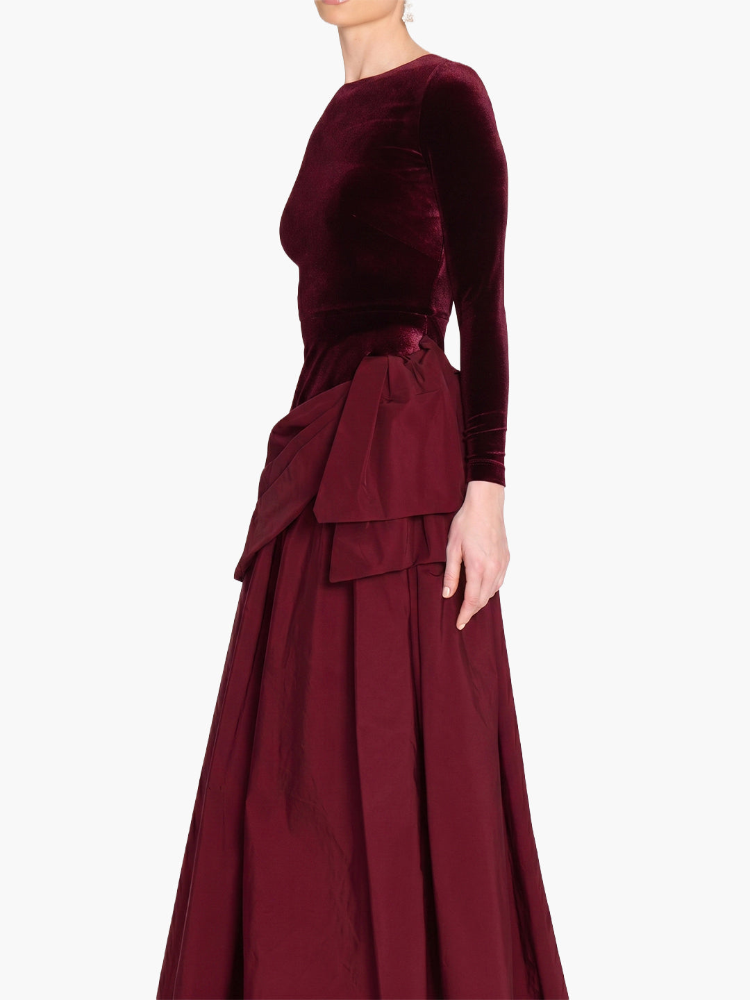 Stretch Velvet Long Sleeve Draped Bow Gown