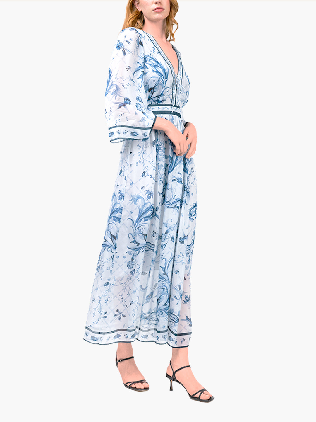 Swan Print Chiffon Gathered Maxi Dress
