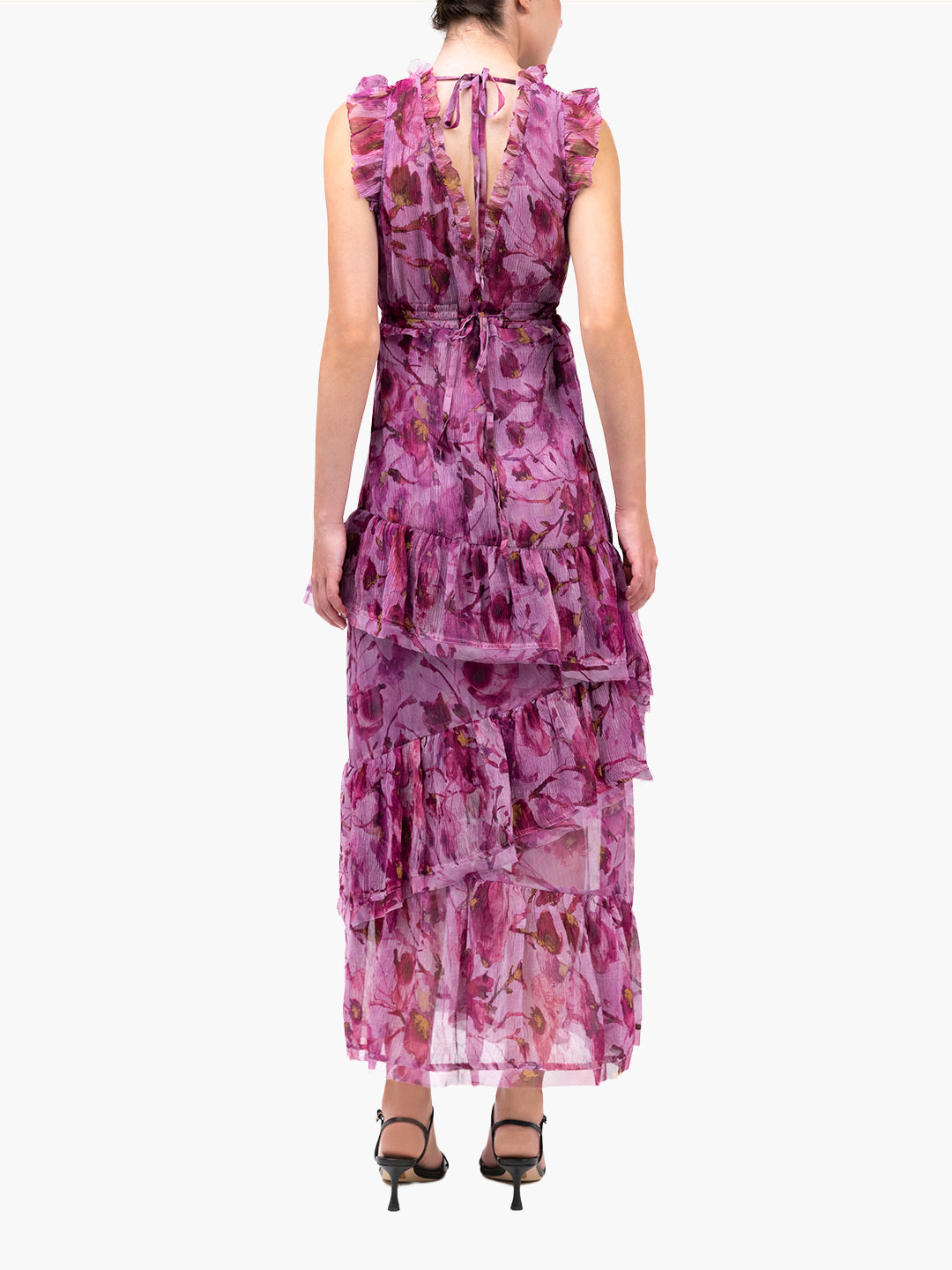 Watercolor Blooms Pleated Chiffon Maxi Dress