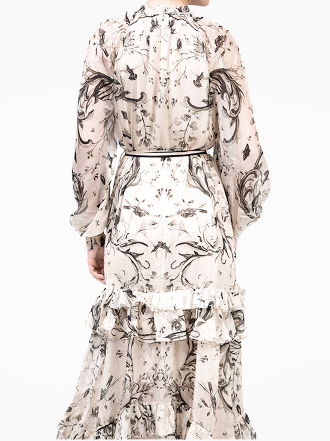 Swan Print Chiffon Belted Maxi Dress