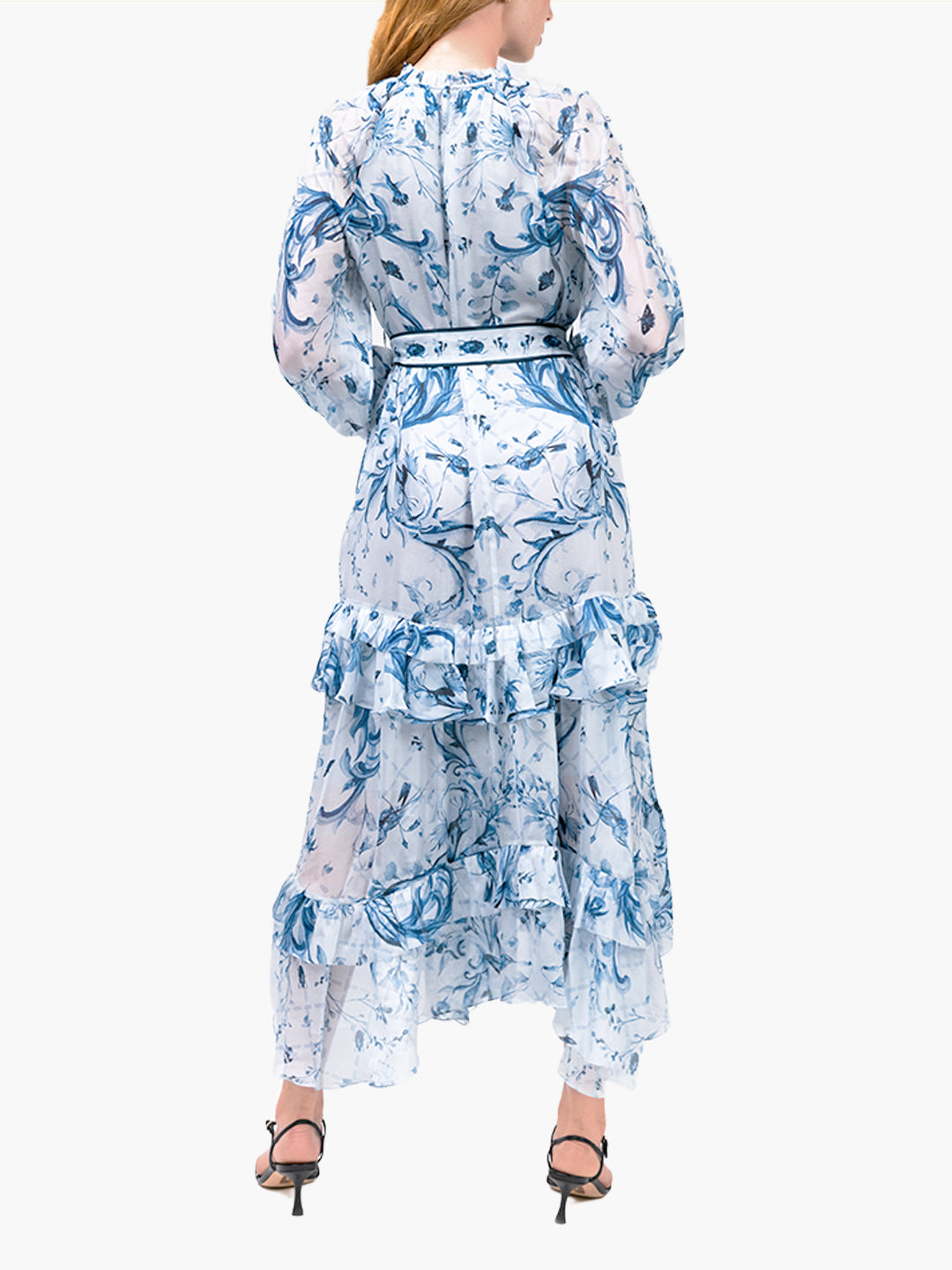 Swan Print Chiffon Belted Maxi Dress