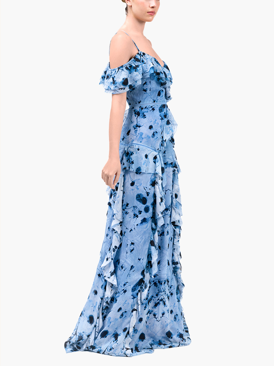 Painterly Print Georgette Off-Shoulder Gown