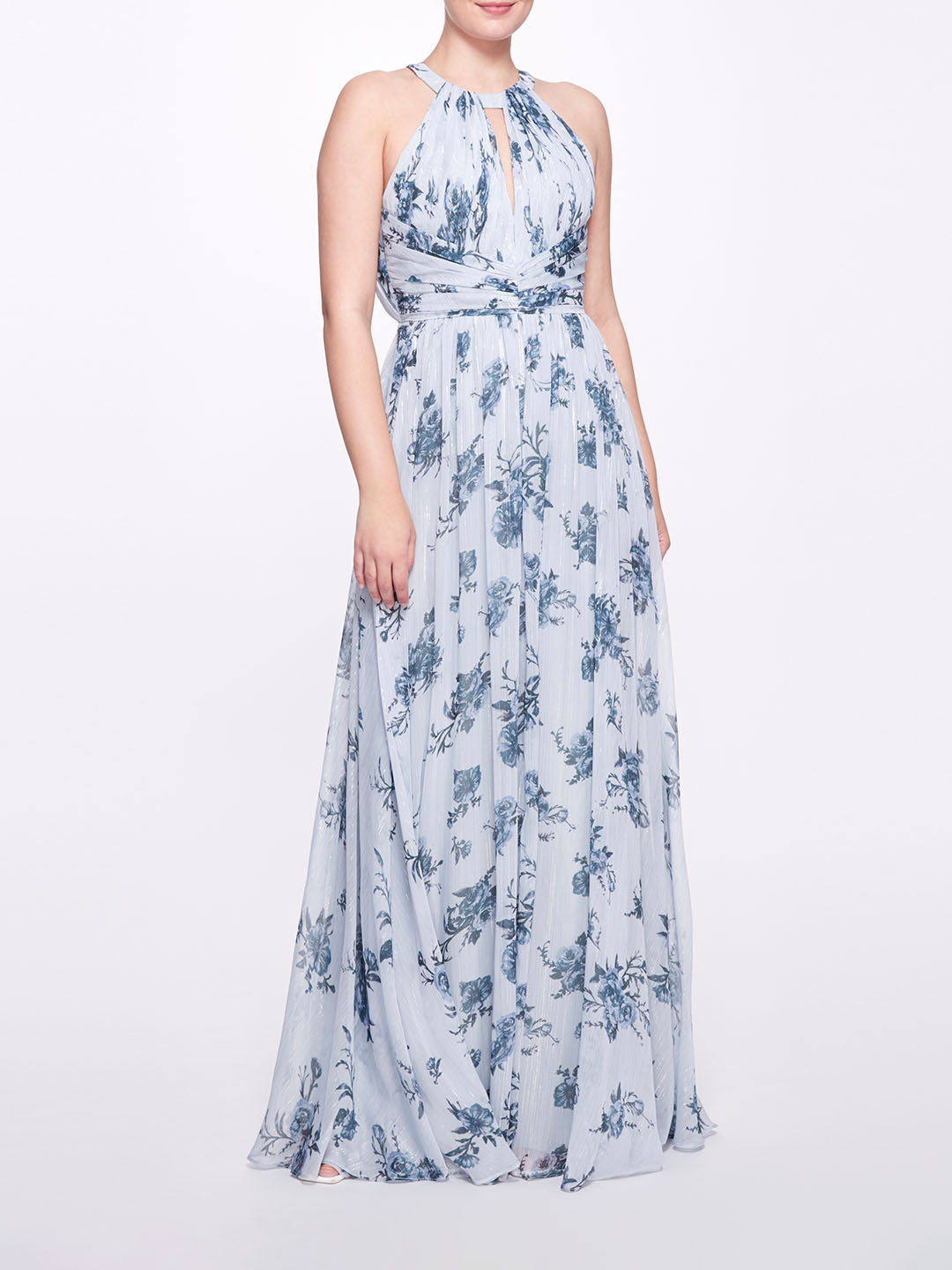 Light Blue Floral Halter Neck Gown with Open Back and Keyhole