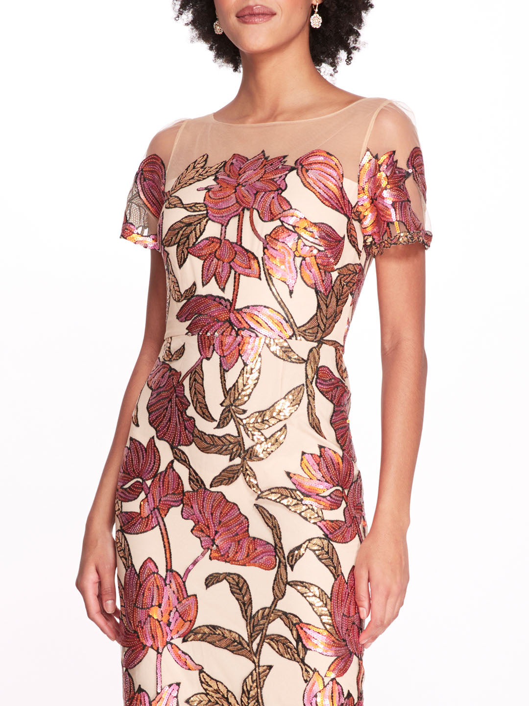 Lotus Sequin Cap-Sleeved Pencil Dress | Marchesa