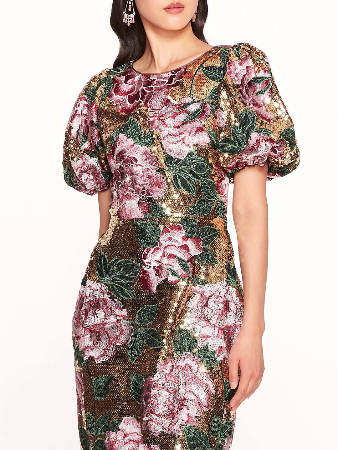 Bubble Sleeve Sequin Midi Dress | Marchesa