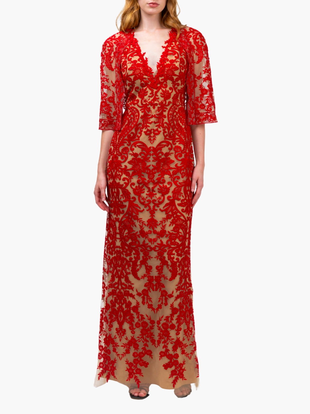 Embroidered Gown Marchesa Notte Red Floral Lace Dress Marchesa Notte  Strapless A-Line Lace Midi Dress