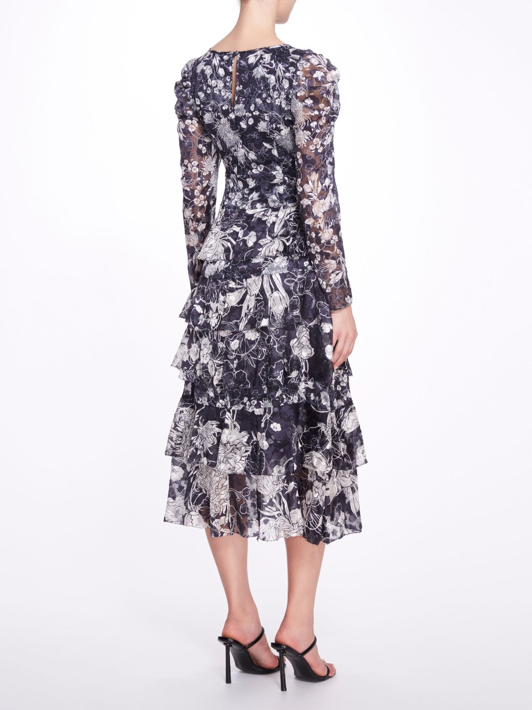 Long-Sleeved Tiered Ruffle Chiffon Maxi Dress Marchesa