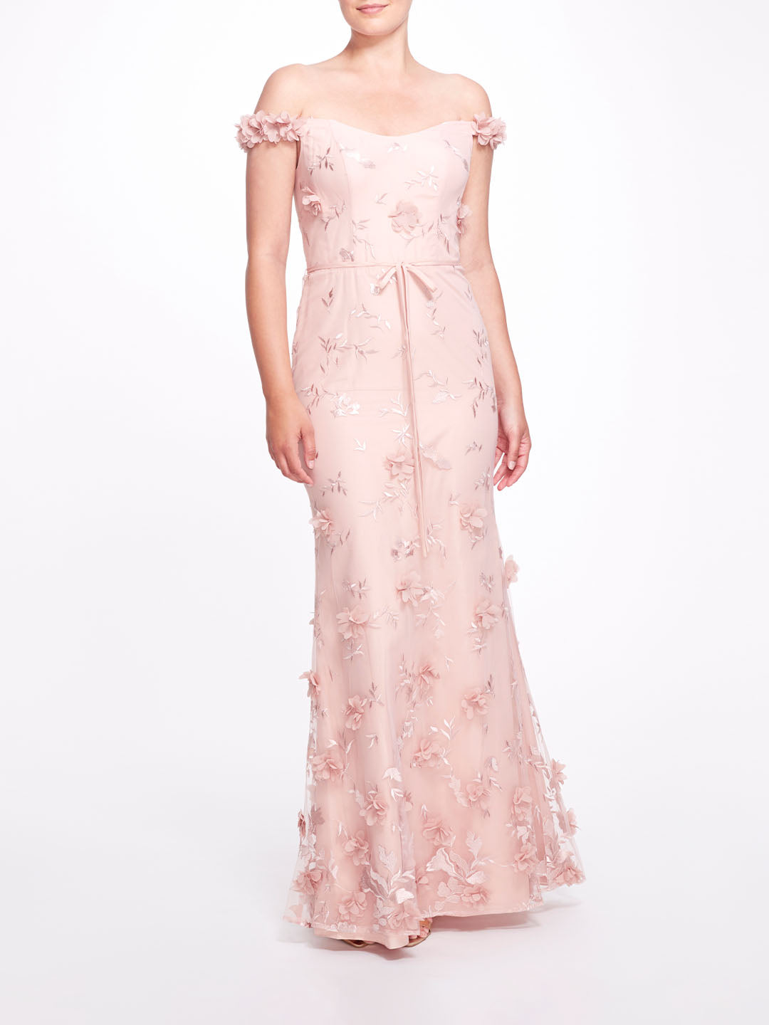 Pink 3D Floral Off The Shoulder Gown with Waist Tie