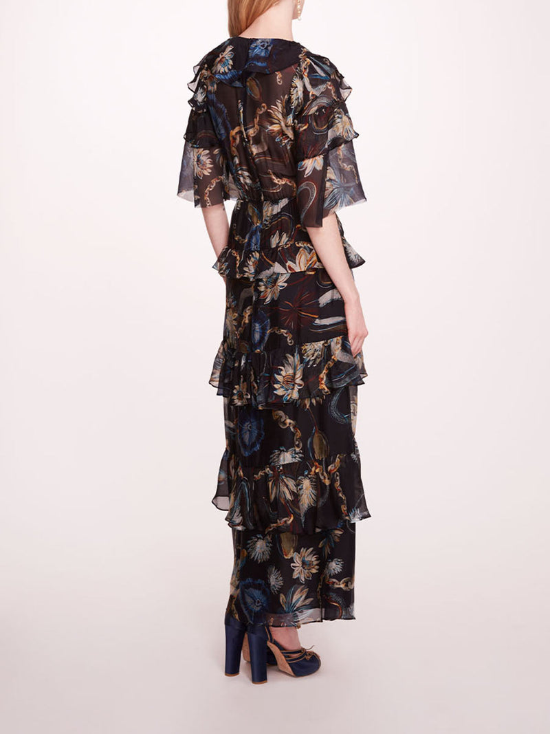 Dusty Blue Chiffon Gown with Back Bow Tie Detail | Marchesa Dusty Blue Chiffon Gown with Back Bow Tie Detail | Marchesa