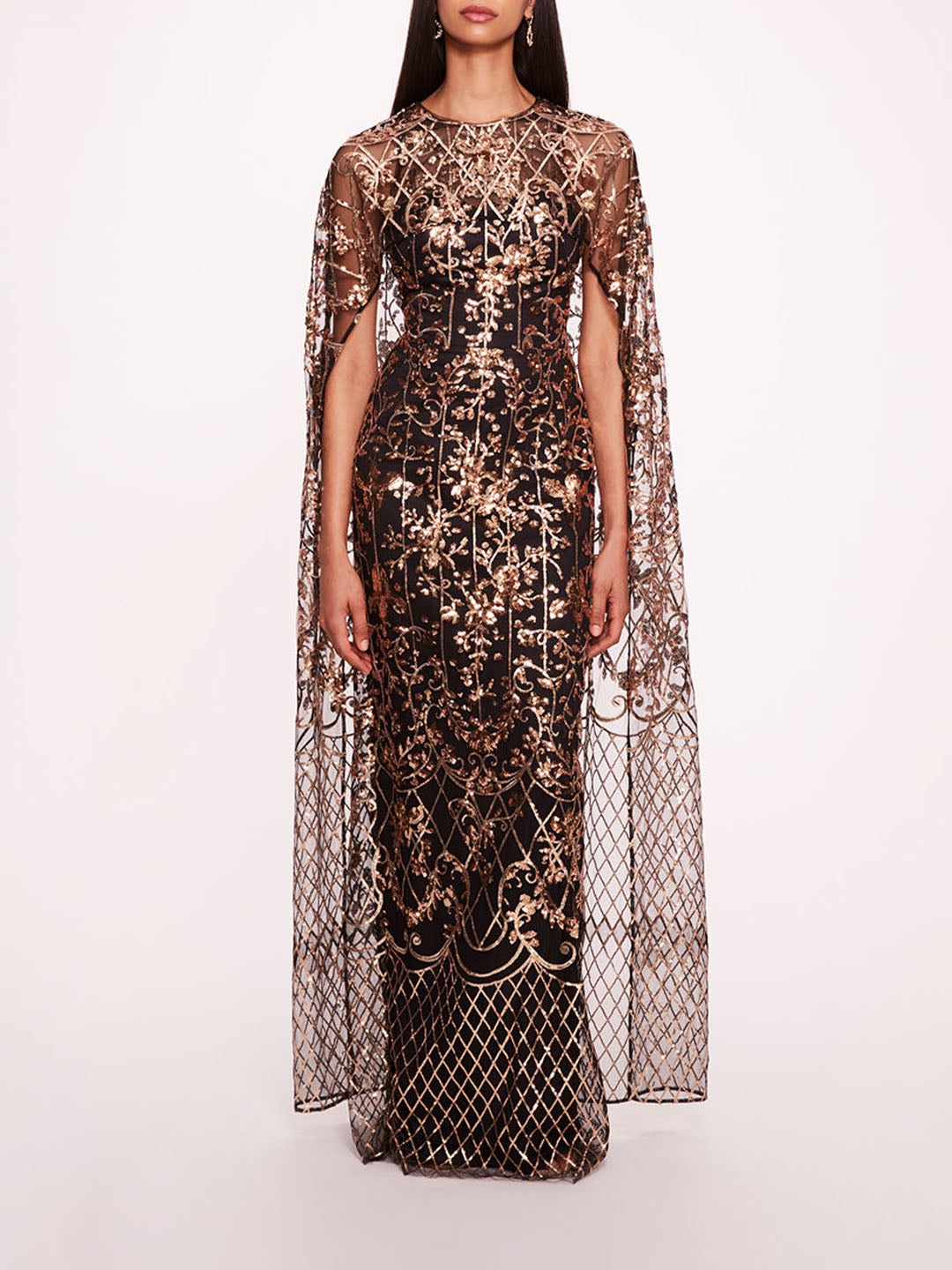 Sequin Lattice Cape Gown | Marchesa