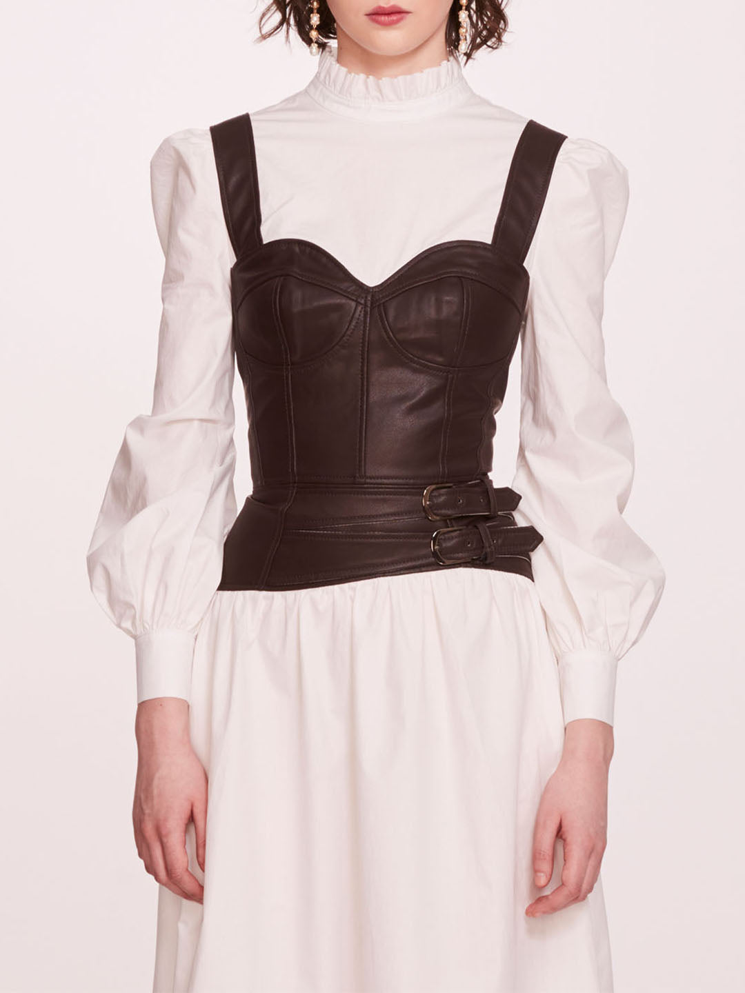 Faux Leather Poplin Corset Dress | Marchesa