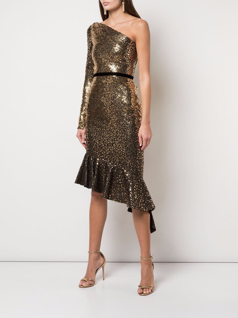 Glitter Ruffle Asymmetric Cocktail Dress Marchesa