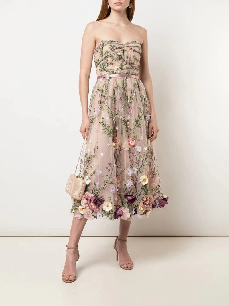 Strapless 3D Floral Embroidered Tea-Length Dress Marchesa