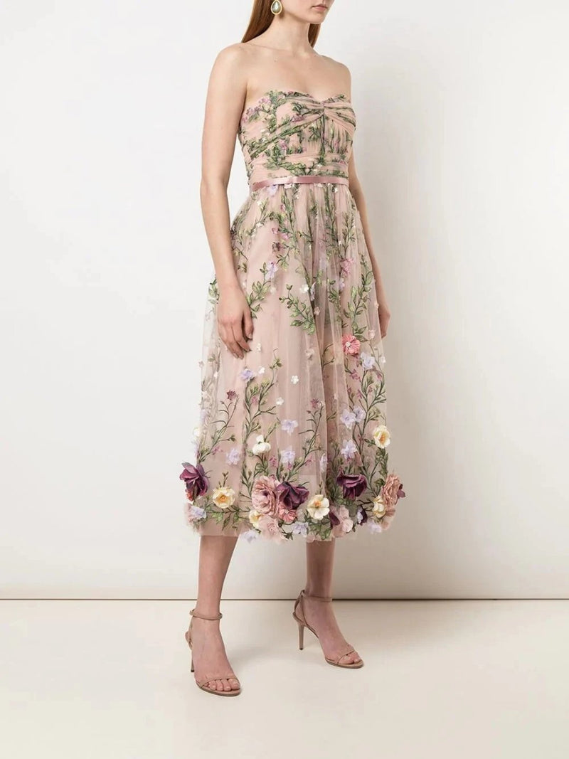 Strapless 3D Floral Embroidered Tea-Length Dress Marchesa
