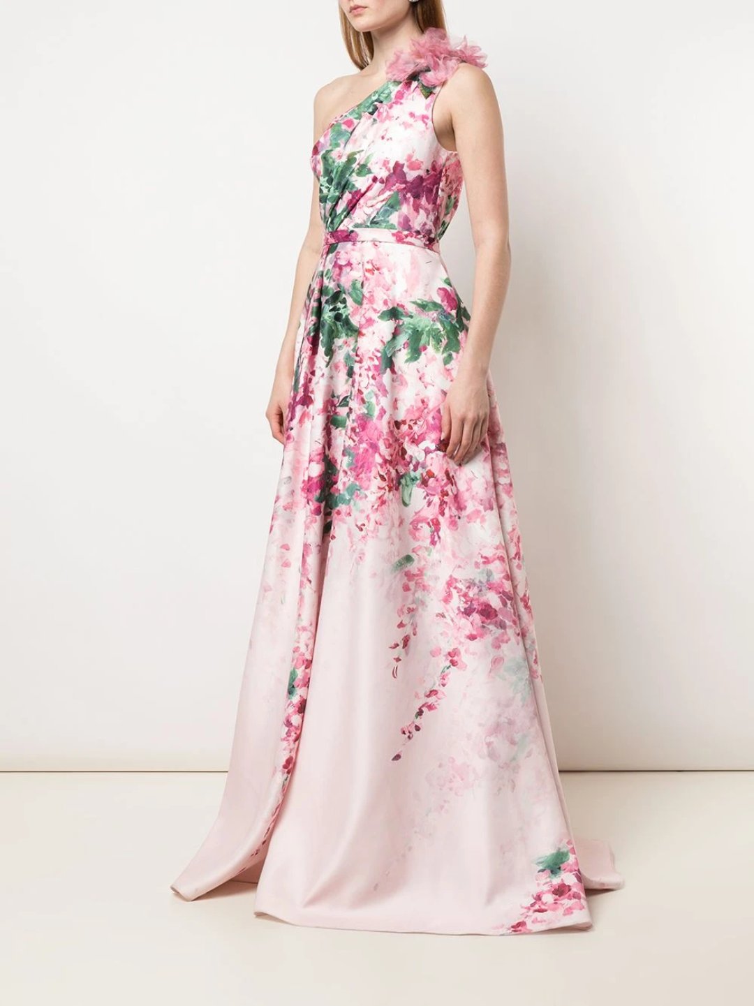 One-Shoulder Print Duchess Satin Ball Gown Marchesa