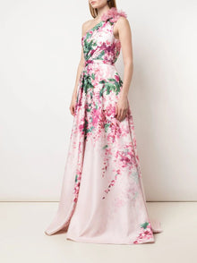One-Shoulder Print Duchess Satin Ball Gown Marchesa