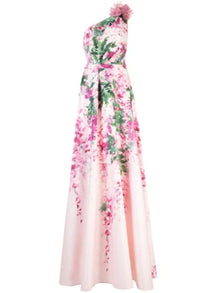 One-Shoulder Print Duchess Satin Ball Gown Marchesa