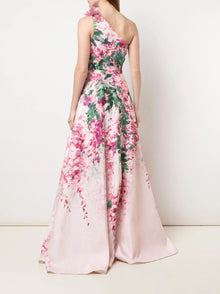 One-Shoulder Print Duchess Satin Ball Gown Marchesa