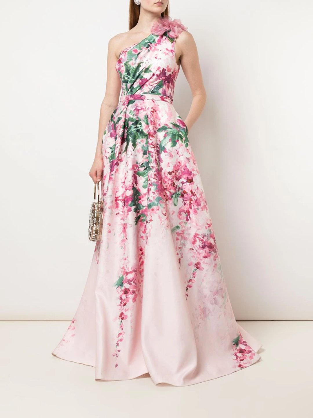One-Shoulder Print Duchess Satin Ball Gown Marchesa