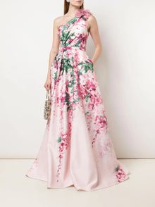 One-Shoulder Print Duchess Satin Ball Gown Marchesa