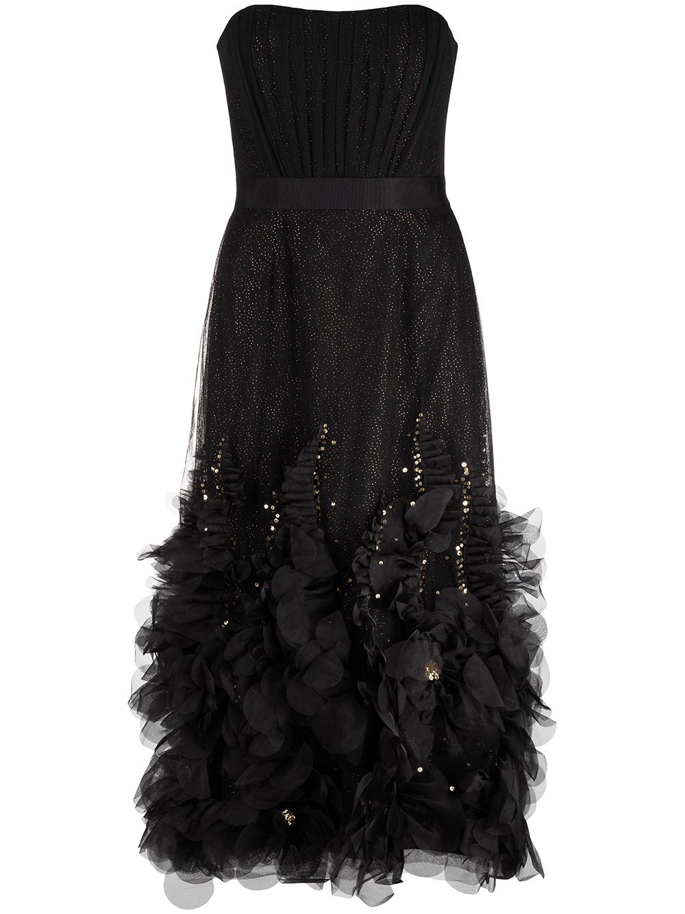 Strapless Glitter Tea-Length Tulle Gown | Marchesa