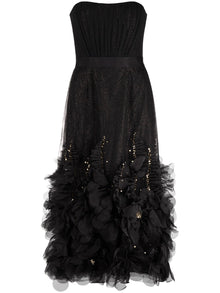 Strapless Glitter Tea-Length Tulle Gown | Marchesa