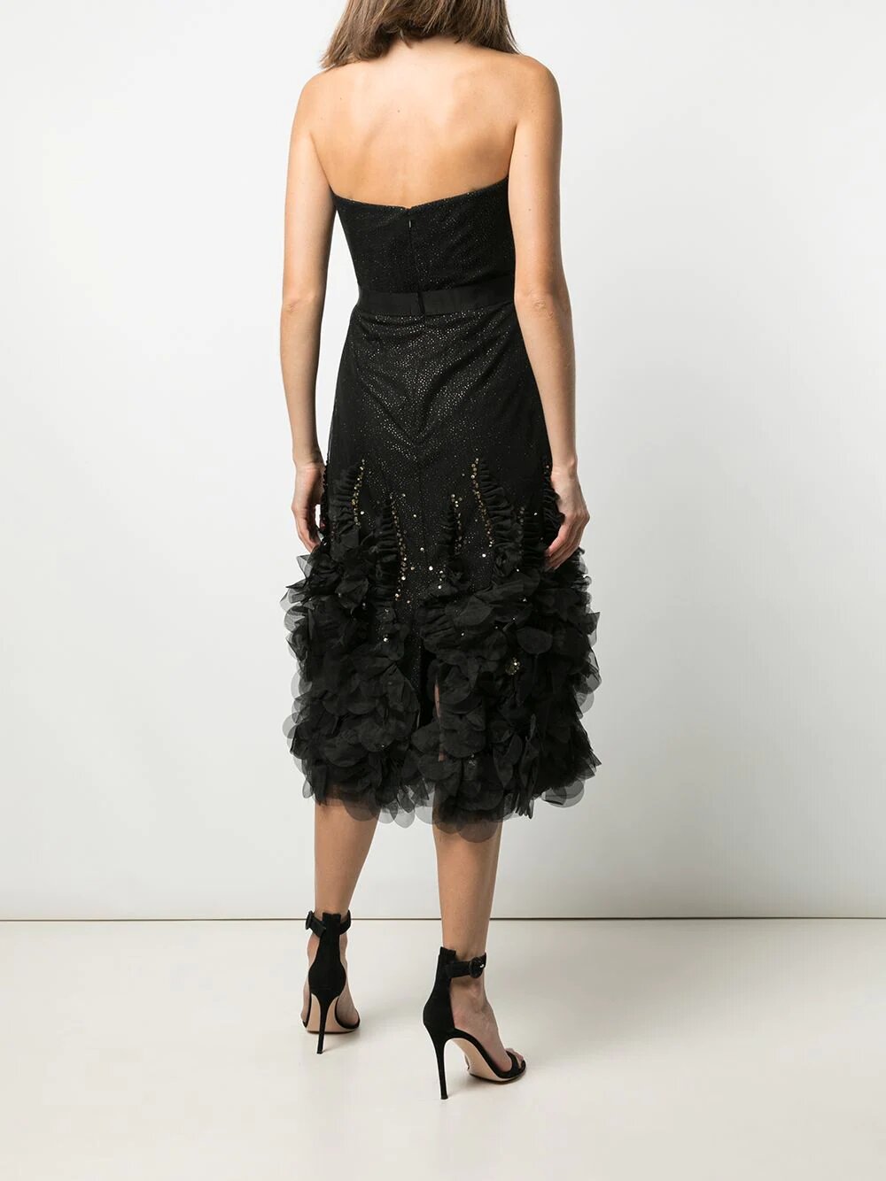 Strapless Glitter Tea-Length Tulle Gown | Marchesa