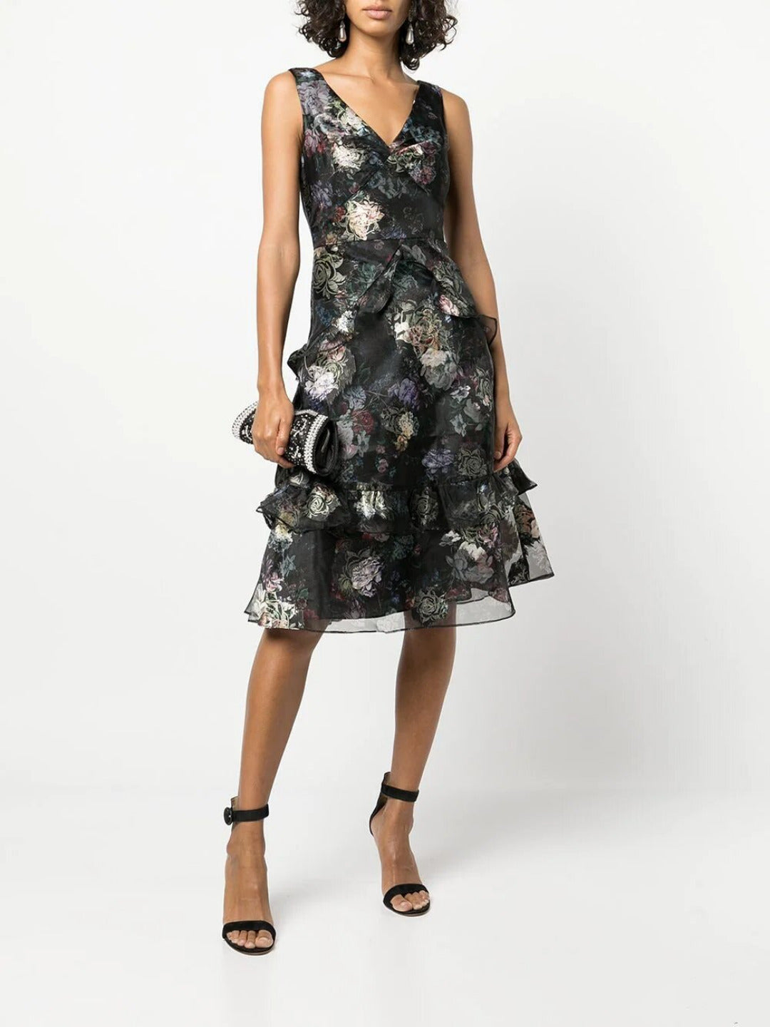 Floral Printed Midi Tiered Dress Marchesa