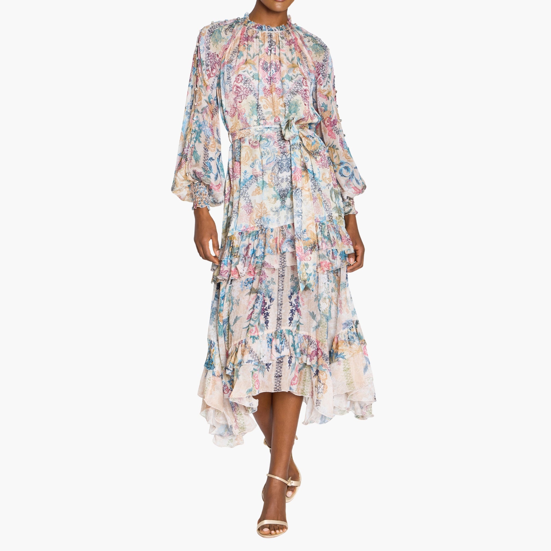 Reverie Belted Ruffle Midi Dress | Marchesa