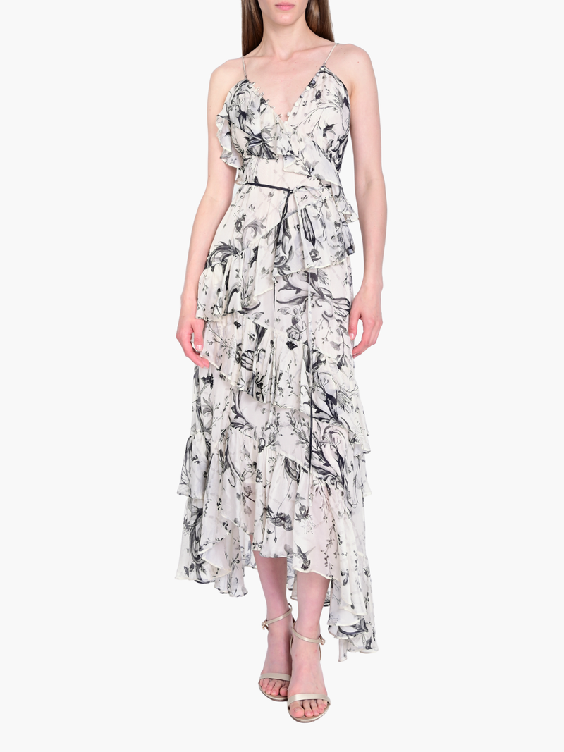 Printed Chiffon Ruffled Wrap Slip Maxi Dress